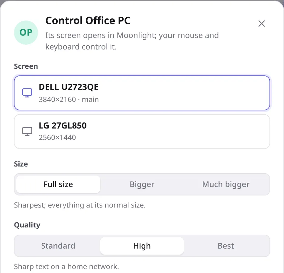 Remote control options: screen, size and quality