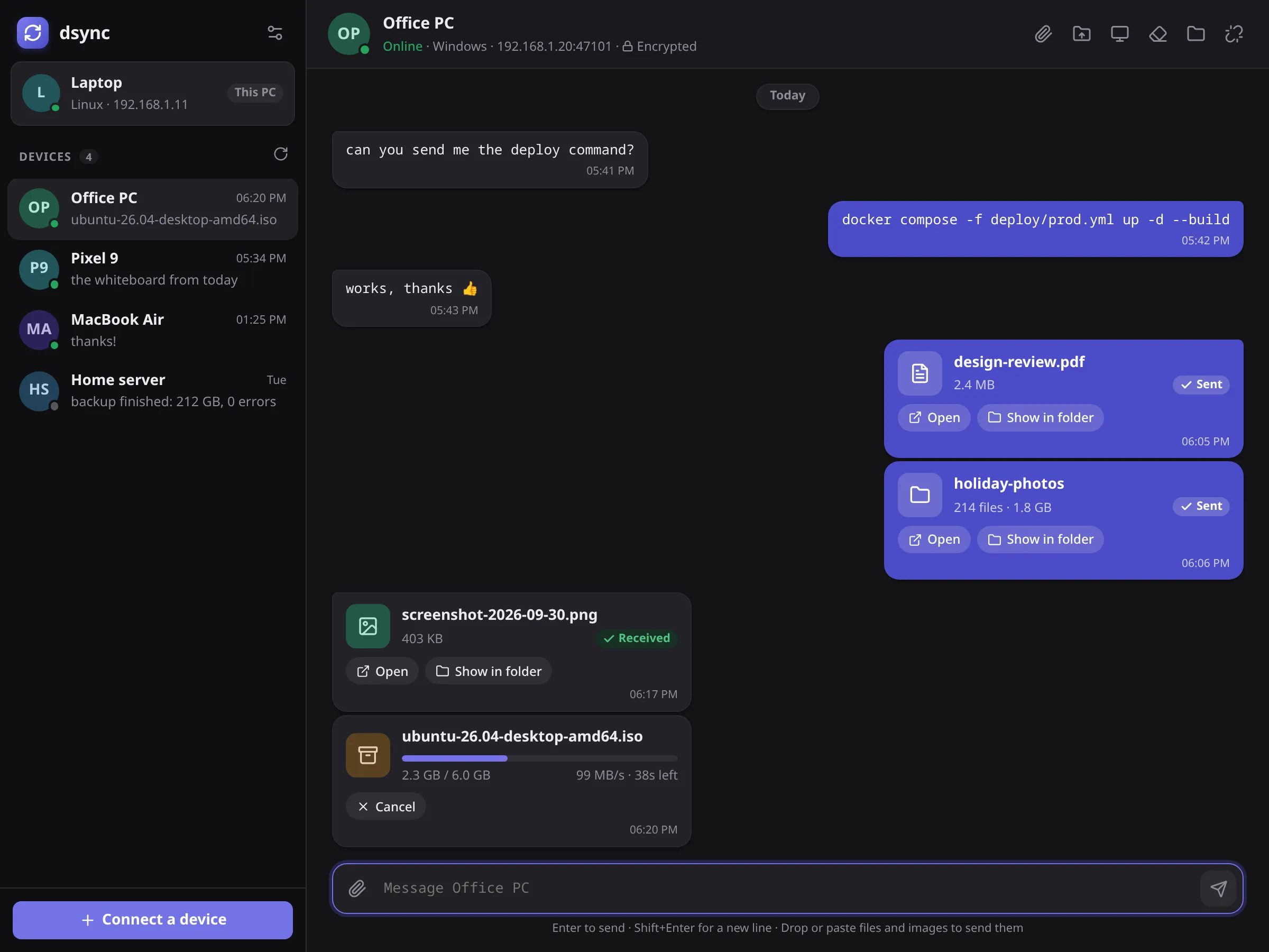 A conversation in dark mode, with files and a transfer in progress