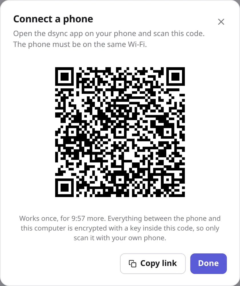 The QR code a computer shows to connect a phone