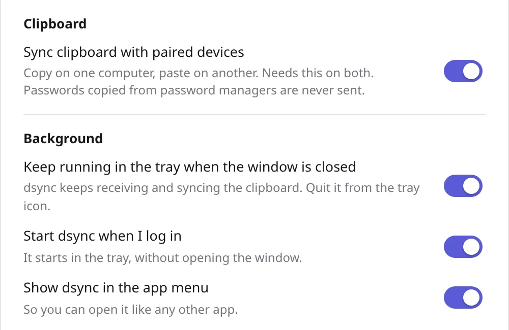 dsync settings: shared clipboard and running in the background